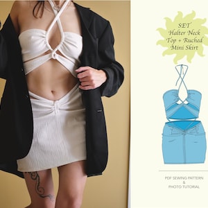 Halter Neck Top + Ruched Mini Skirt SET | Top and Skirt Sewing Patterns | PDF Patterns | Women&#39;s Sewing Patterns | Eu 34-44 | Uk 6-16
