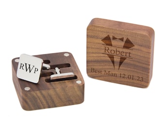 Personalised engraved stainless steel mens square cufflinks gift with wooden box | groom groomsman best man father husband wedding gift