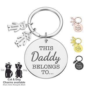 Personalised this daddy belongs to metal family keyring gift | custom text names | gifts for dad papa grandpa kids keychain