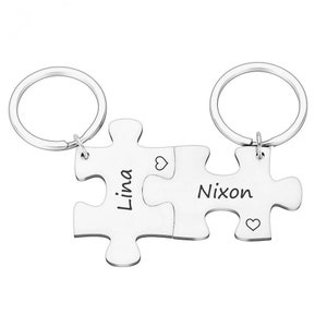 2 x personalised interlocking jigsaw puzzle keyrings gift set | custom initials date | wedding anniversary valentines family gift keychains