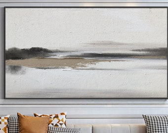 Oversize light beige wabi-sabi wall art little black line painting on canvas neutral art canvas beige minimal canvas art for livingroom