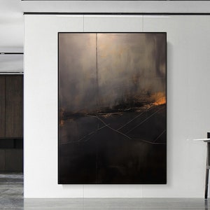Gold Black Minimalist Wall Art Original Abstract Painting Wabi-Sabi Canvas Painting Gold Leaf 3D Texture Painting Black Minimalist Painting