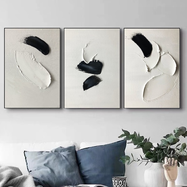 Set Of 3 Textured Wall Art Black And White Textured Painting Abstract Wall Art 3 Piece Wall Art Black Beige 3D Textured Wall Painting