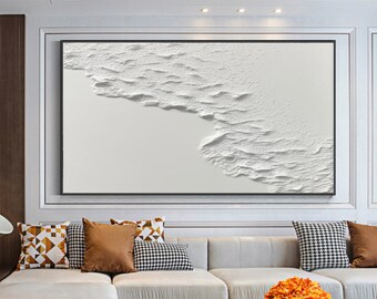 White Horizontal Art 3D Wall Art White Minimalist Art White Abstract Painting 3D White Textured Painting on Canvas Living Room Wall Decor