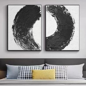 Set of 2 Abstract Black Painting Black And White Wall Art Texture Abstract Painting On Canvas Abstract Textured Wall Art Minimalist Painting