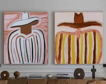 Set of 2 western cowboy & western girl wall art original faceless man and woman textured oil painting modern characterism artwork