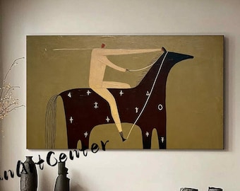 Japandi Western Cowboy Horse Art Neutral Textured Original Oil Painting Large Brown Wall Decor