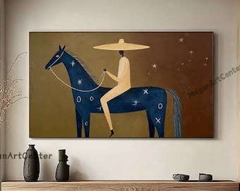 Hand-Drawn Abstract Acrylic Horse Rider Painting on Canvas Brown Japandi Western Cowboy Painting Original Horse Oil Wall Art Textured