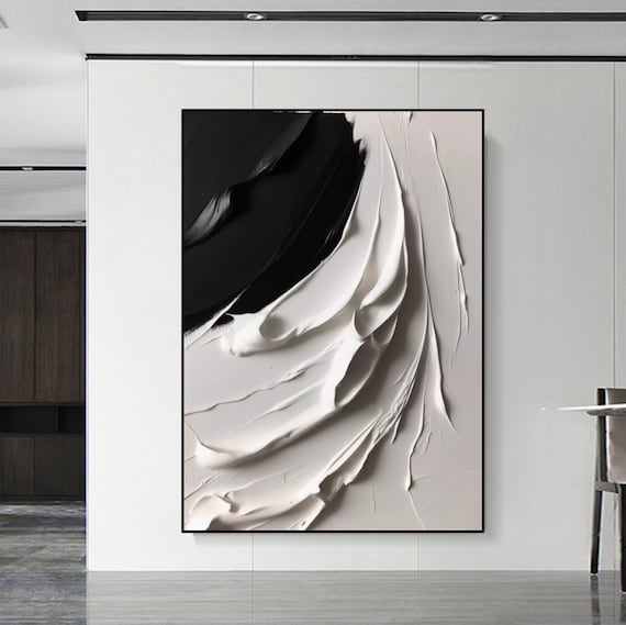 Original 3D Textured Art Plaster Wall Art Oversized Wall Art White Textured Painting Abstract Canvas Art Modern Black Textured Wall Painting