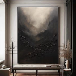 Large Black Texture Painting on Canvas Black Wabi Sabi Wall Art Black Texture Wall Art Framed Mountain Landscape Painting for Livingroom