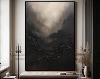 Large Black Textured Mountainscape Painting, Framed Wabi Sabi Wall Art