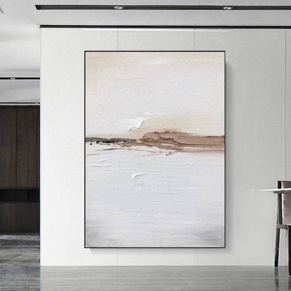 Oversize light beige wabi-sabi wall art little black line painting on canvas neutral art canvas beige minimal canvas art for livingroom