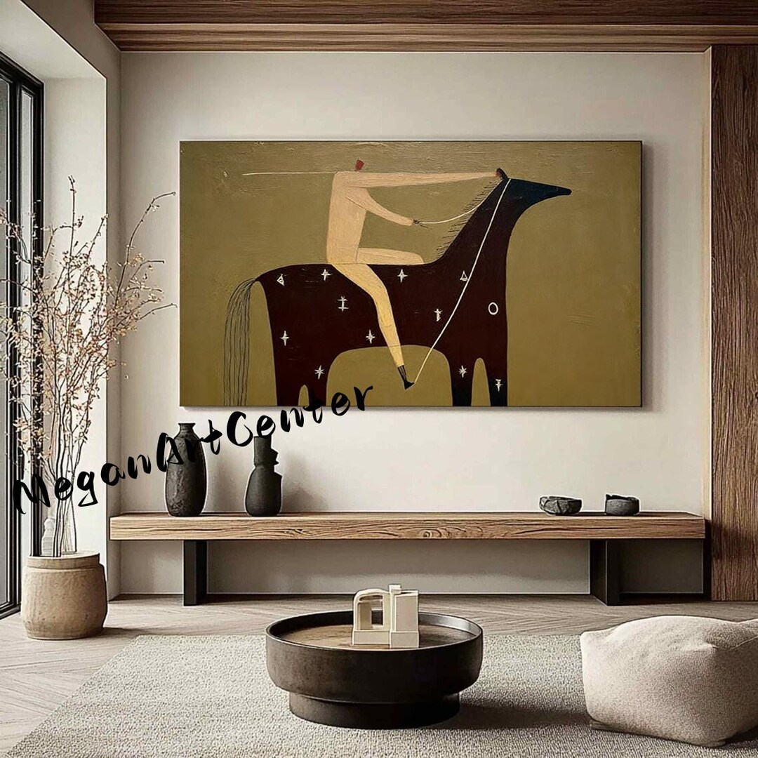 Japandi Western Cowboy Horse Art Neutral Textured Original Oil Painting ...