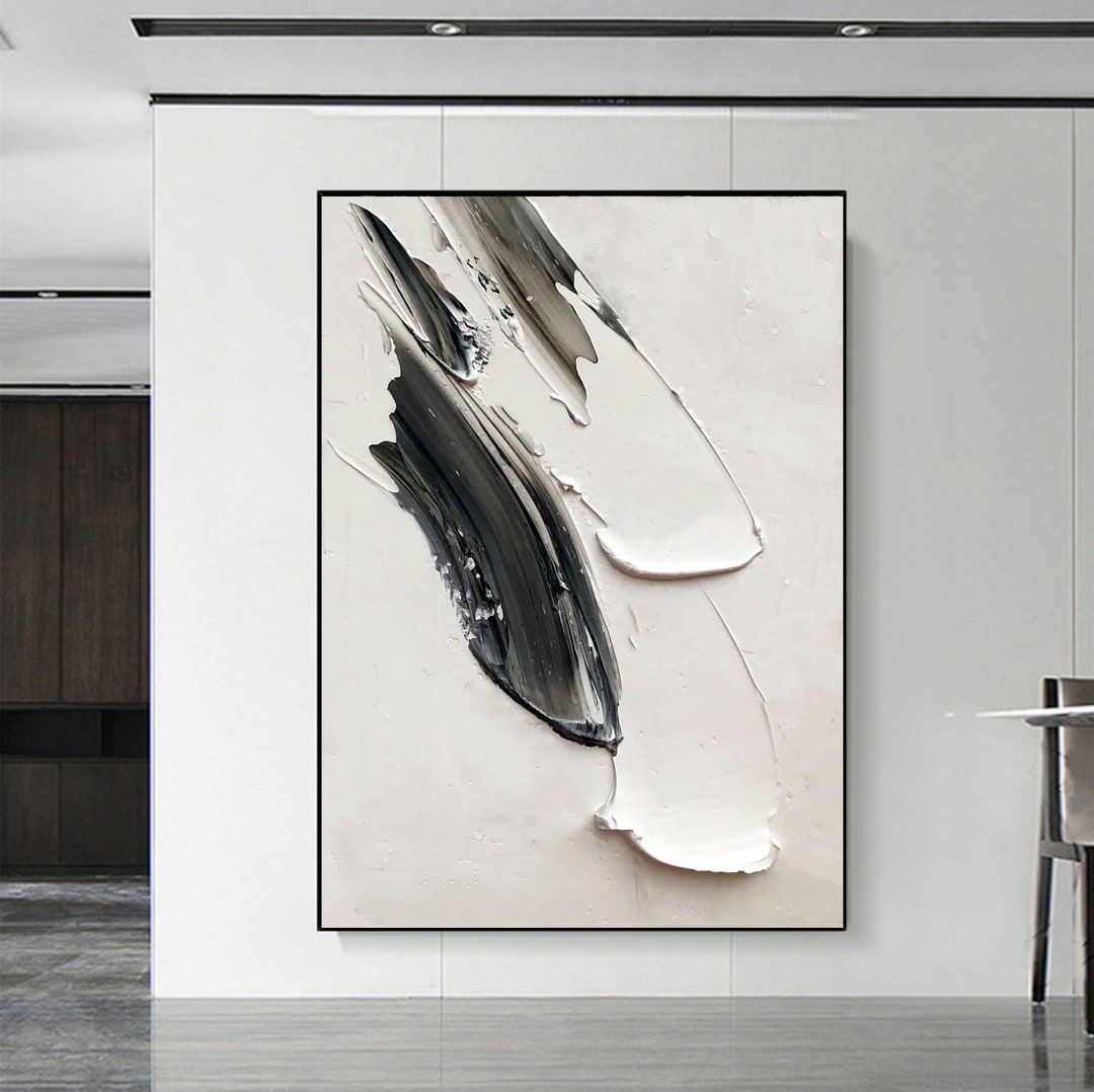 Large Black and White 3D Textured Abstract Painting, Neutral Wall Art ...