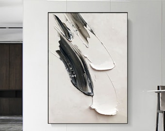 Grande dipinto astratto in bianco e nero con texture 3D, arte murale neutra