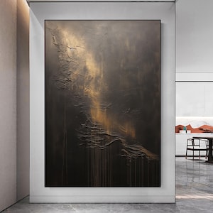 May include: Abstract painting with a textured, dark brown background and gold accents. The painting has a vertical orientation and a modern style.