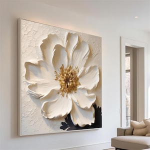 White Textured Flower Oil Painting On Canvas, Floral Wall Art,Hand Painted Wall Art,Original Texture Flower Painting Living Room Decor