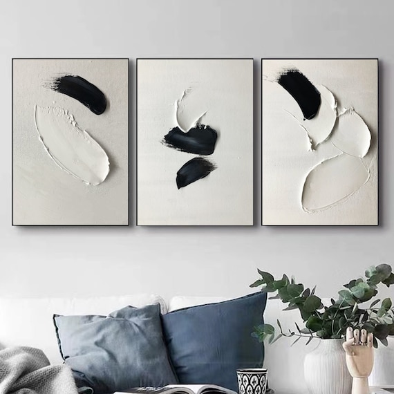 Oversized Set Of 3 Textured Wall Art Black White Plaster Art Painting Abstract Wall Art Black Wall Art Framed Beige 3D Texture Wall Painting