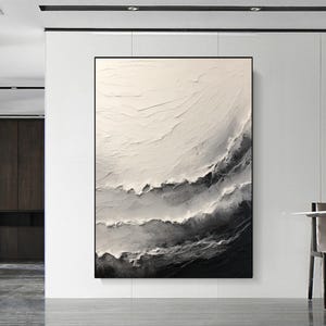 Large Grey Abstract Painting,Textured Wall Painting,White 3D Textured Canvas Art,Black Minimalist Wall Art,Modern Stylish Living Room Decor
