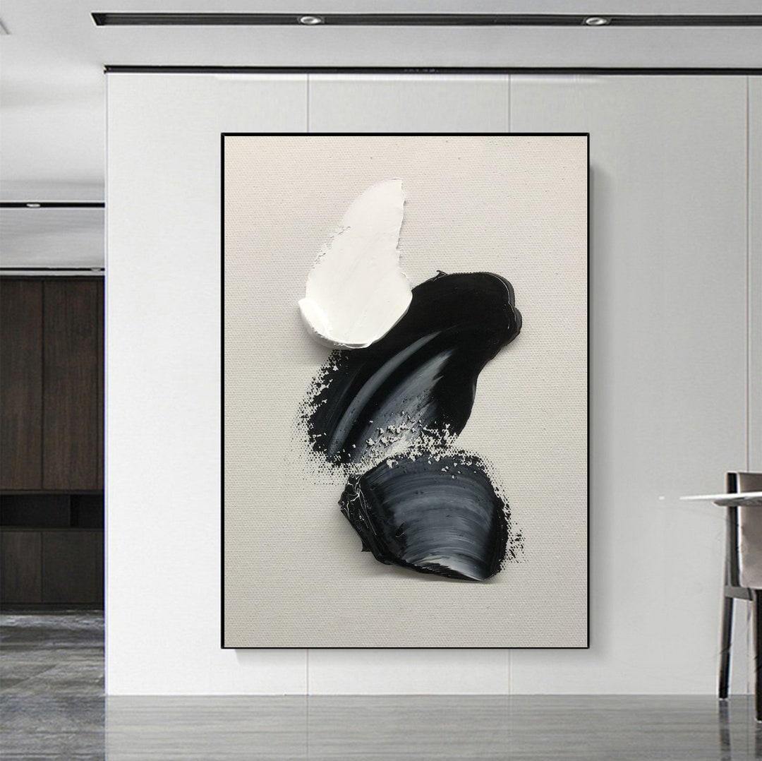 Large White and Black Abstract Painting 3D Textured Wall Art Black Art
