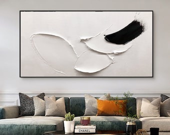 Large Black and White 3D Textured Abstract Painting, Framed Canvas Art