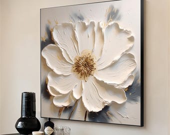 Large 3D Flower Oil Painting On Canvas,Beige Texture Flower Painting,Hand Painted Flower Art,Beige Texture Floral Wall Art Living Room Decor