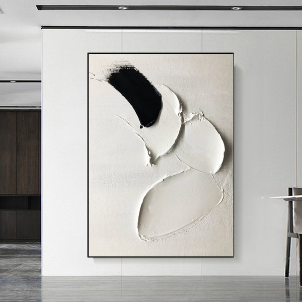 Black Textured Canvas Painting Modern Simple Abstract Painting Heavy Textured Art White Neutral Wall Decor White Black Framed Textured Art