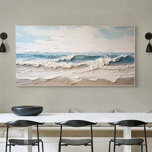 Framed Ocean Texture Painting Hand-drawn Abstract 3D Blue Sea Waves Oil Painting On Canvas Coastal Beach Wall Art Sea View for Bedroom