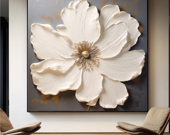 Pintura al óleo de flores 3D grandes sobre lienzo, arte mural floral con textura 3D, arte moderno pintado a mano, pintura floral con textura original, decoración para sala de estar.