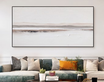 Oversize light beige wabi-sabi wall art little black line painting on canvas neutral art canvas beige minimal canvas art for livingroom