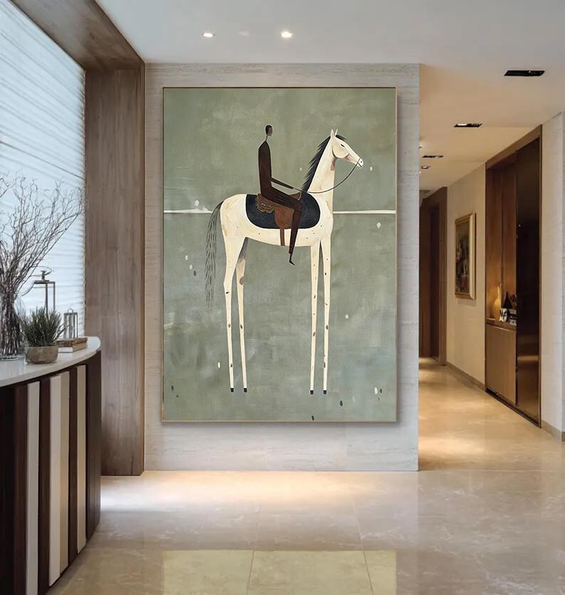Western Cowboy Horse Acrylic Painting, Japandi Rider Textured Canvas ...