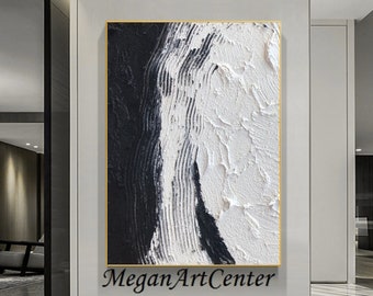 Large Abstract Wall Art Black And White Texture Painting 3D Minimalist Art White Wall Decor Black Texture Art White Minimalist Painting