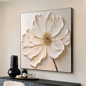Textured White Textured Flower Painting Textured Floral Wall Art Beige Minimalist Floral Painting Floral Abstract Wall Art Modern Wall Decor