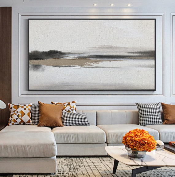 Oversize light beige wabi-sabi wall art little black line painting on canvas neutral art canvas beige minimal canvas art for livingroom