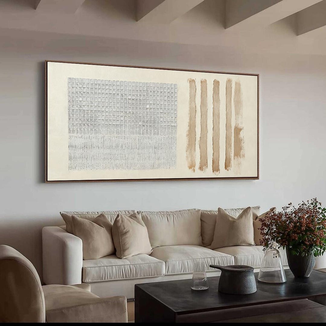 Horizontal Beige Wabi Sabi Wall Art Moody Abstract Textured Painting ...