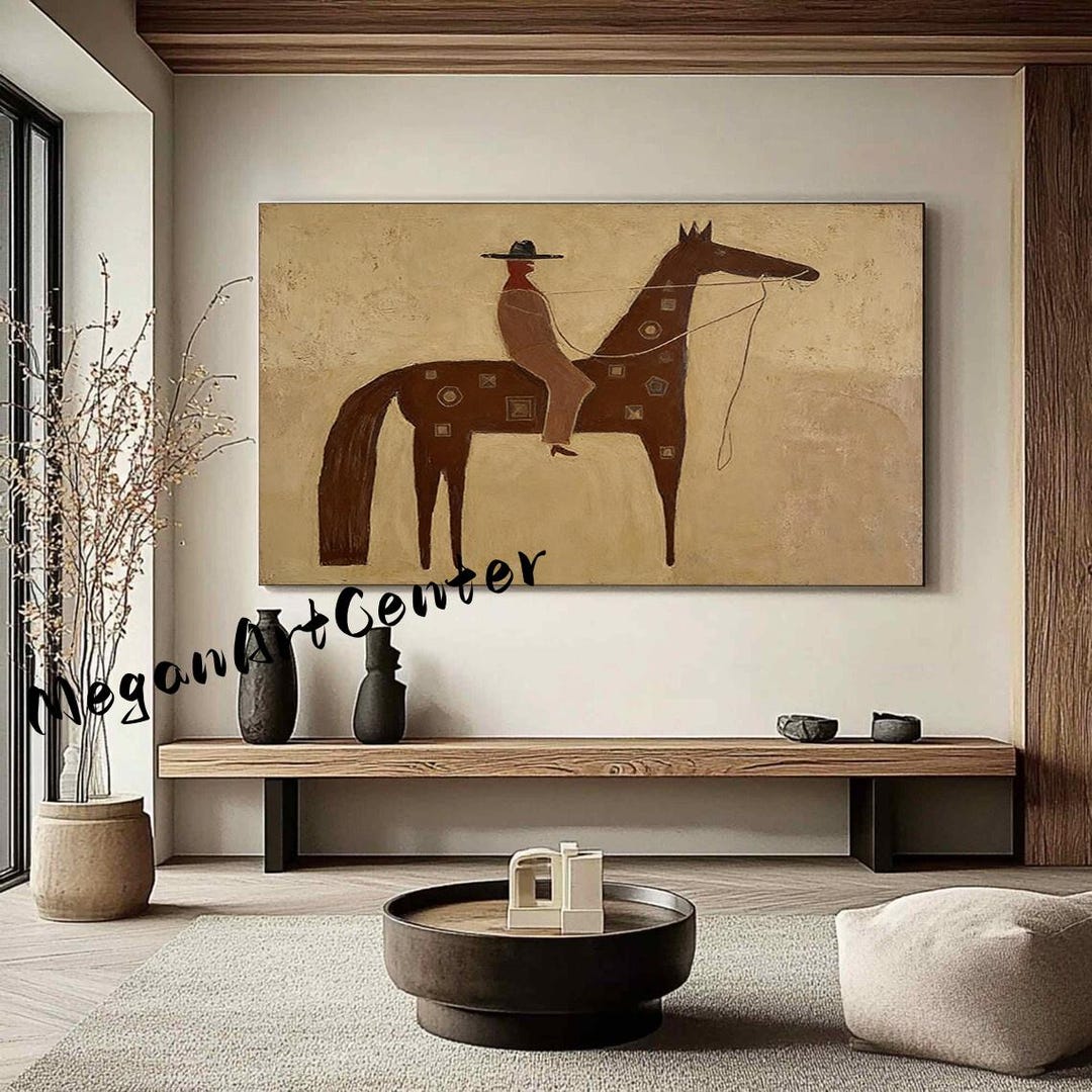 Large Neutral Western Cowboy Horse Art Japandi Style Textured Original ...