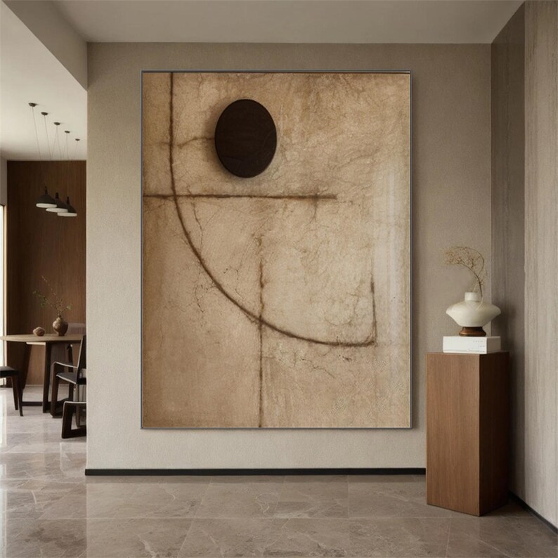 Puede incluir: Impresi&oacute;n de arte abstracto con un c&iacute;rculo marr&oacute;n y l&iacute;neas marrones sobre un fondo beige.