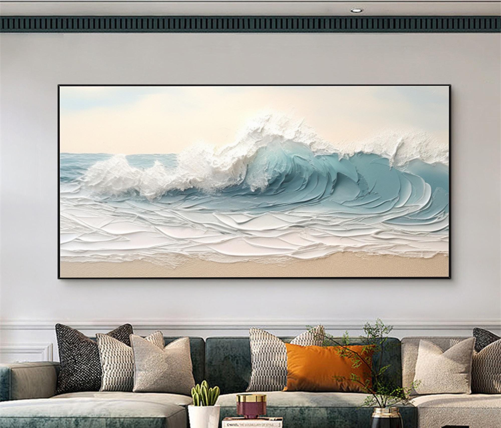 Dipinto a olio originale di onde oceaniche su tela, grande opera d'arte murale 3D testurizzata, dipinto minimalista sulla spiaggia, opera d'arte murale oceanica testurizzata, decorazione murale moderna