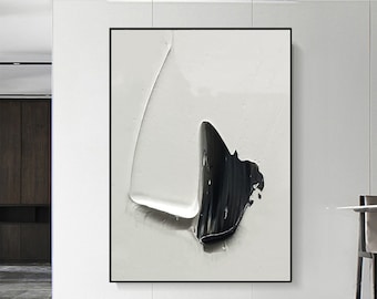 Dipinto astratto in bianco e nero strutturato, arte murale minimalista