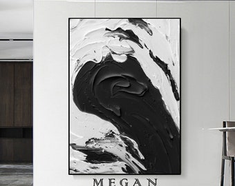 Large Black And White Painting White Textured Wall Art Black And White Textured Painting Abstract Art Framed Abstract Painting Wall Decor