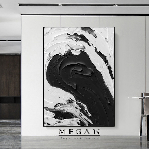 Large Black And White Painting White Textured Wall Art Black And White Textured Painting Abstract Art Framed Abstract Painting Wall Decor