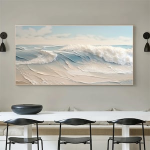 Horizontal 3D Textured Wall Art Large Abstract Wall Art Ocean Waves Abstract Painting White Wave Decor Unique Wabi-sabi Living Room Wall Art