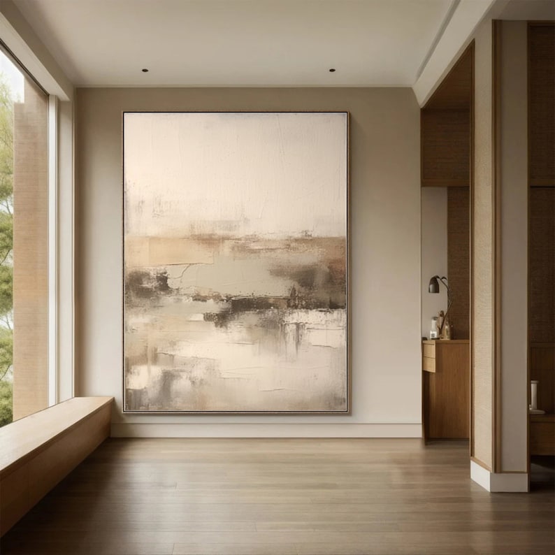 May include: Abstract painting with a beige, brown, and gray color scheme. The painting has a textured, layered look and features a landscape scene with a horizon line.