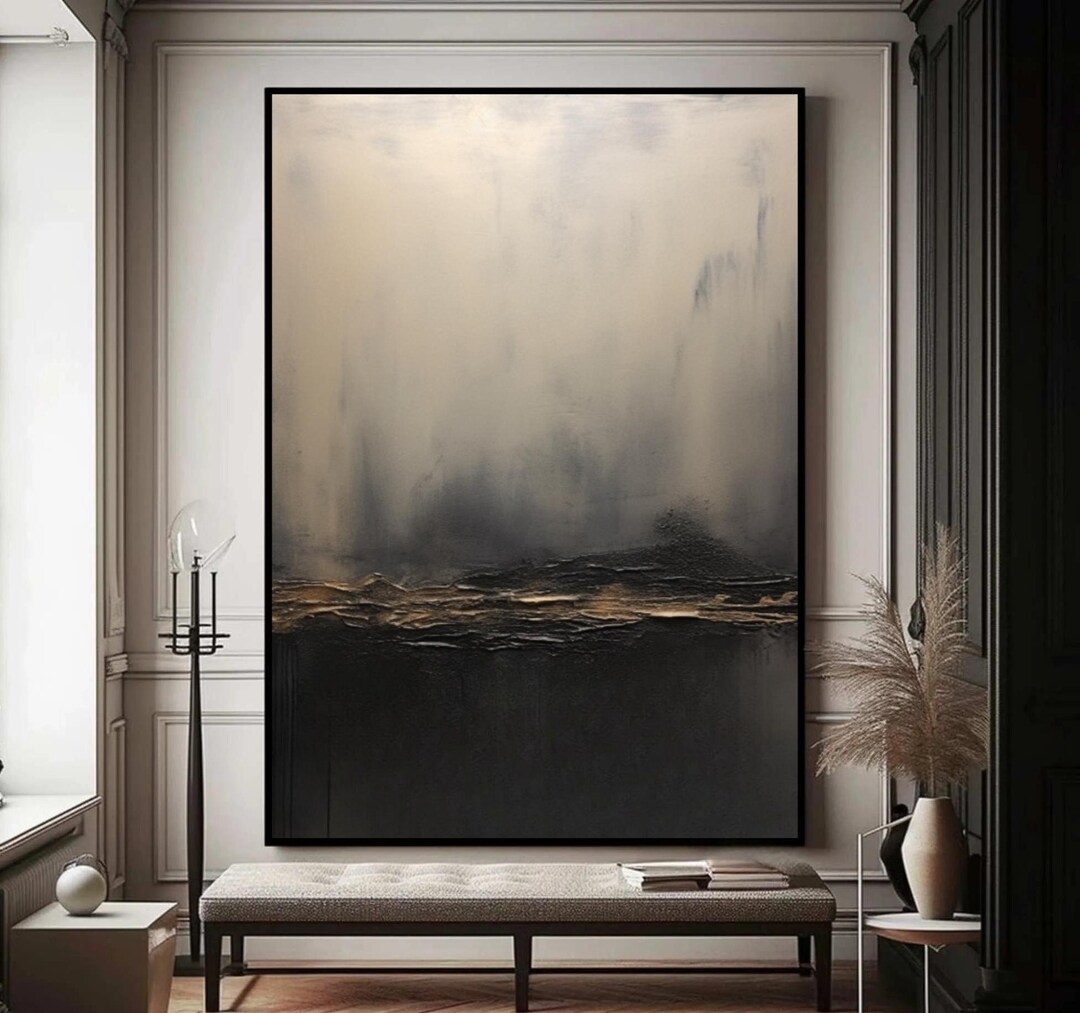 Black Wabi Sabi Art 3D Textured Wall Art Gold Abstract Painting Plaster ...