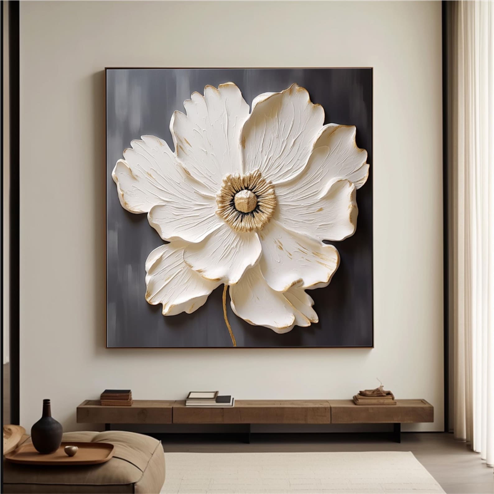 Large 3D Flower Oil Painting on Canvas,black White Floral Wall Art,hand ...