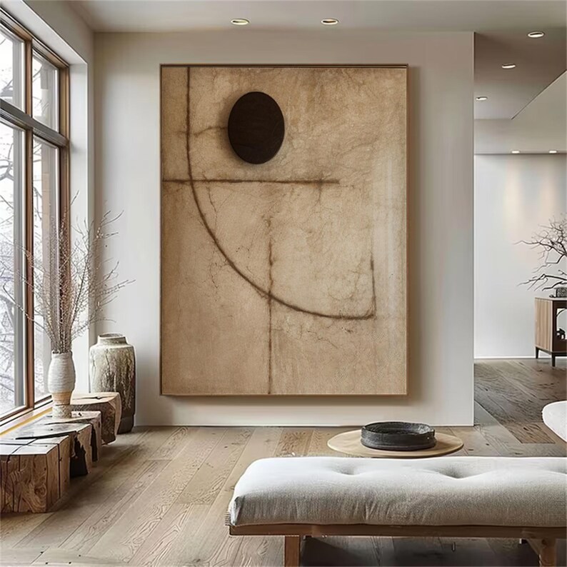 Puede incluir: Impresi&oacute;n de arte abstracto con un gran c&iacute;rculo negro y un fondo marr&oacute;n, beige y blanco. La impresi&oacute;n presenta un dise&ntilde;o geom&eacute;trico con una l&iacute;nea curva y una l&iacute;nea recta.