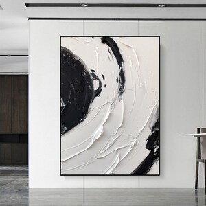 Pintura abstracta texturizada en marfil, arte sobre lienzo negro y beige