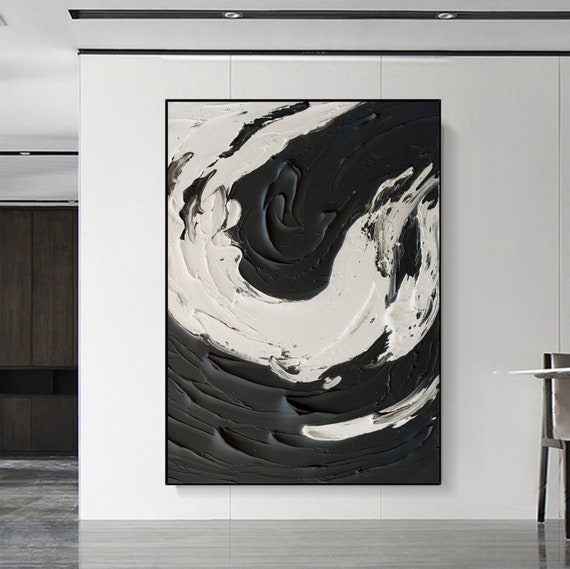 Black White Wave 3D Texture Oil Painting Handmade Canvas Decorative Mural