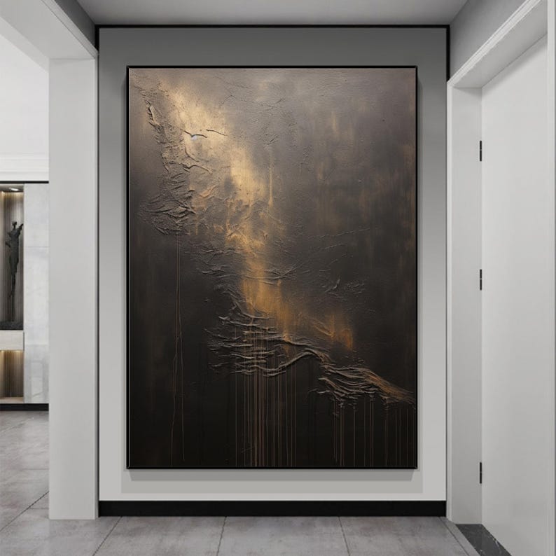 May include: Abstract painting with a dark brown background and gold accents. The paint has a textured, layered look, creating a sense of depth and movement.