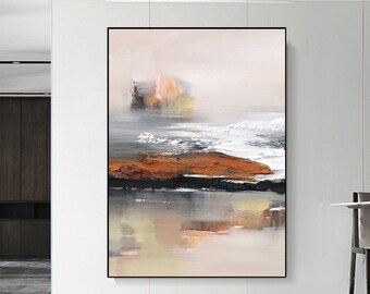 Large Acrylic Painting Grey Wall Art Beige Texture Wall ArtAbstract Landscape Painting Black Modern Art Beige Canvas Painting